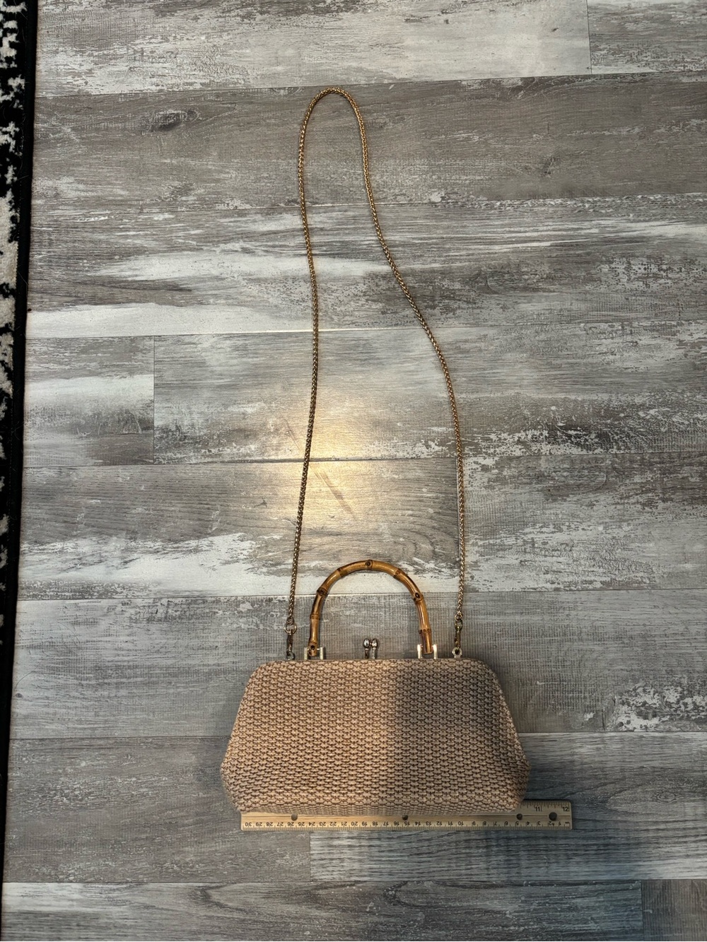 Woven Beige Bamboo-Handle Shoulder Bag